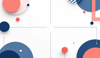Gestileerde kruispunt met geometrische vormen in koraal en marineblauw, symboliseert carrièrebeslissingen en professionele begeleiding