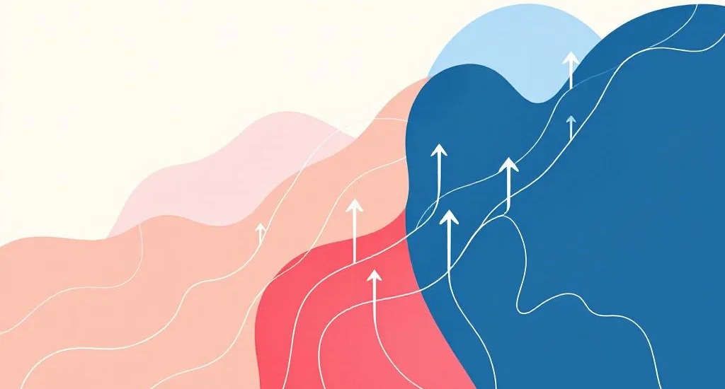 Minimalistisch diagram met geometrische vormen in koraal en marineblauw die carrièrepaden en professionele groei tonen