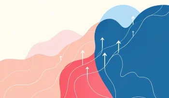 Minimalistisch diagram met geometrische vormen in koraal en marineblauw die carrièrepaden en professionele groei tonen