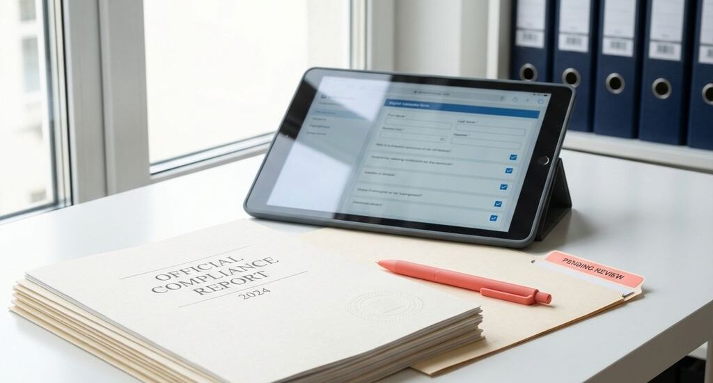 Stack of compliance documents on white desk with tablet displaying digital forms, coral pen and navy binders in background