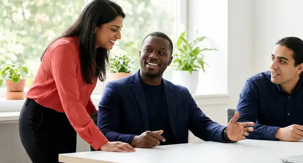 Drie diverse collega's in gesprek aan een moderne kantoortafel, omgeven door groen, in een lichte ruimte met warm koraalrood en marineblauw.