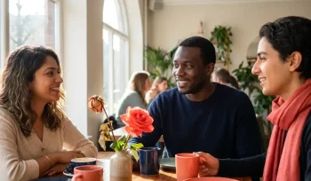Drie mensen van diverse achtergronden in gesprek aan een cafétafel, met een verwelkte en bloeiende bloem als symbool van hoop en vernieuwing.