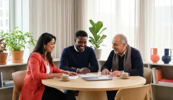 Drie collega's aan een ronde tafel in een licht modern kantoor, verdiept in een ondersteunend gesprek met documenten voor hen.