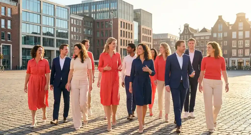 Diverse group of people walking together through a sunlit modern Dutch city square, smiling and mid-conversation with a sense of optimism.
