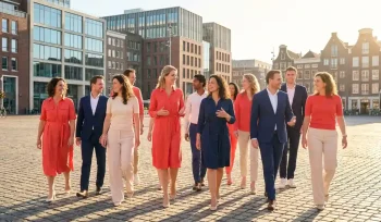 Diverse group of people walking together through a sunlit modern Dutch city square, smiling and mid-conversation with a sense of optimism.
