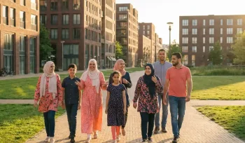 Diverse group of people smiling and walking together along a sunlit path in a modern Dutch city park during golden hour.