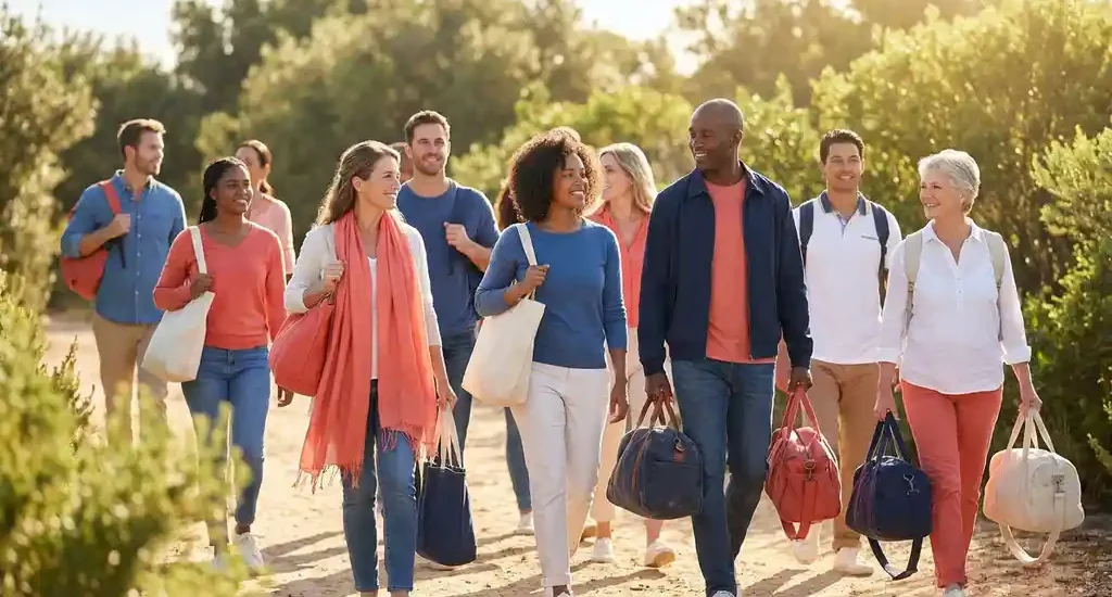 Diverse group of people walking together along a sunlit path, carrying light bags in warm coral, navy, and natural tones.