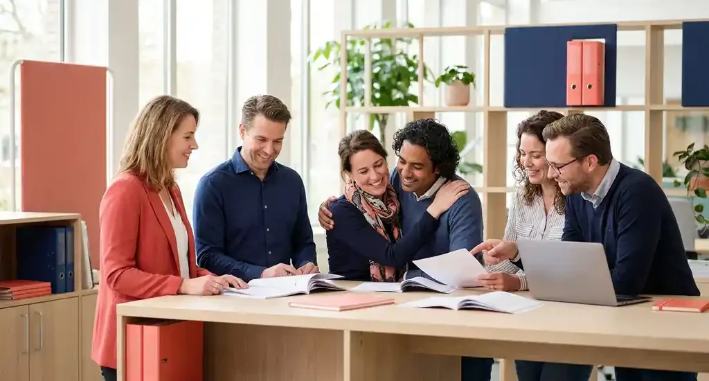 Diverse professionals collaborating around a shared workspace in a sunlit Dutch office, reviewing documents together in a warm, supportive atmosphere.