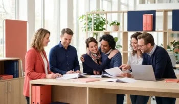 Diverse professionals collaborating around a shared workspace in a sunlit Dutch office, reviewing documents together in a warm, supportive atmosphere.