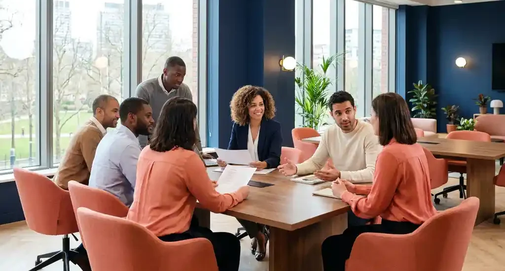 Diverse professionals collaborating around a modern workspace in warm natural light, engaged in supportive conversation and document review.