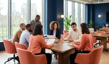 Diverse professionals collaborating around a modern workspace in warm natural light, engaged in supportive conversation and document review.