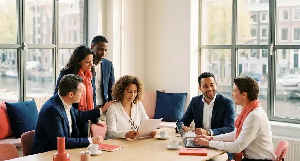 Diverse professionals collaborating around a bright conference table in a modern Dutch office, reviewing documents in warm natural daylight.