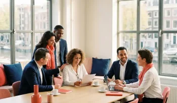 Diverse professionals collaborating around a bright conference table in a modern Dutch office, reviewing documents in warm natural daylight.