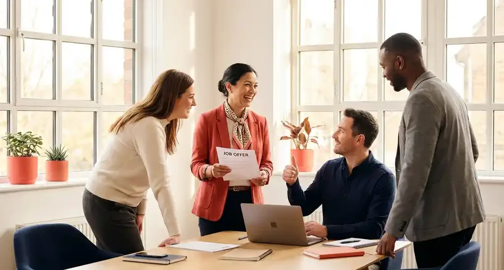 Diverse professionals gathered in a bright modern office as a colleague reviews a job offer, bathed in warm natural light.
