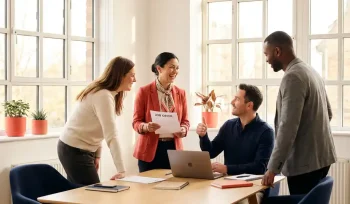 Diverse professionals gathered in a bright modern office as a colleague reviews a job offer, bathed in warm natural light.