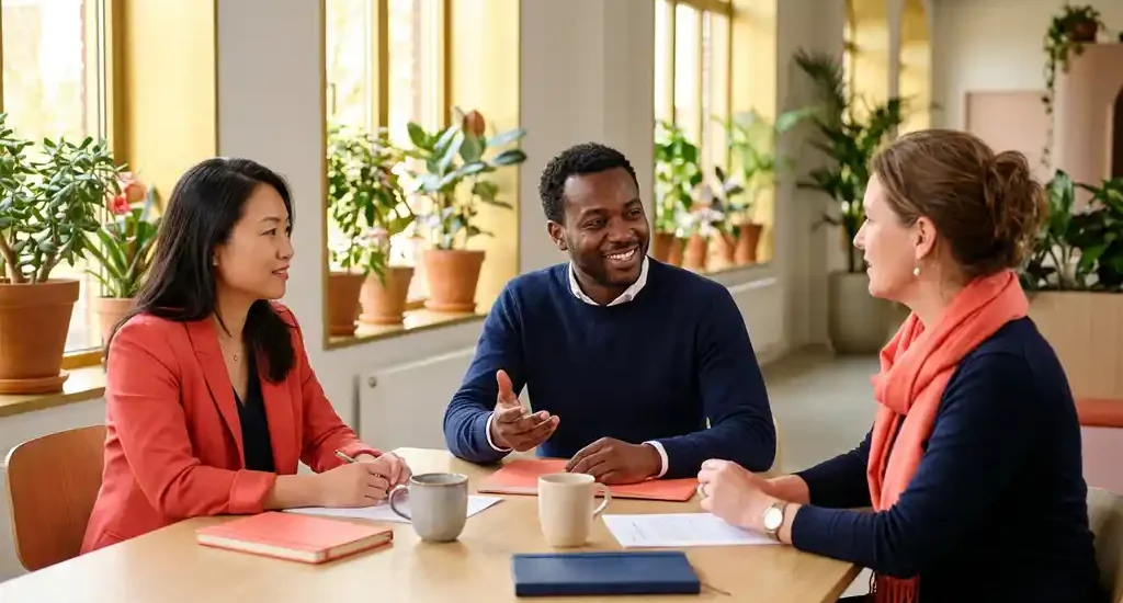 Three diverse professionals in conversation around a wooden table in a sunlit modern Dutch office with coral-red and navy accents.