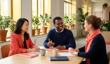 Three diverse professionals in conversation around a wooden table in a sunlit modern Dutch office with coral-red and navy accents.