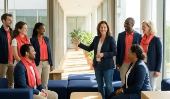 Diverse team of professionals collaborating in a bright modern workspace, one colleague gesturing forward with warm, optimistic energy.