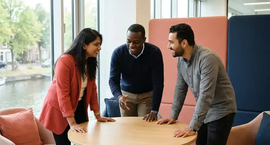 Drie diverse professionals in gesprek aan een ronde tafel in een modern, licht Nederlands kantoor met koraalrode en marineblauw accenten.