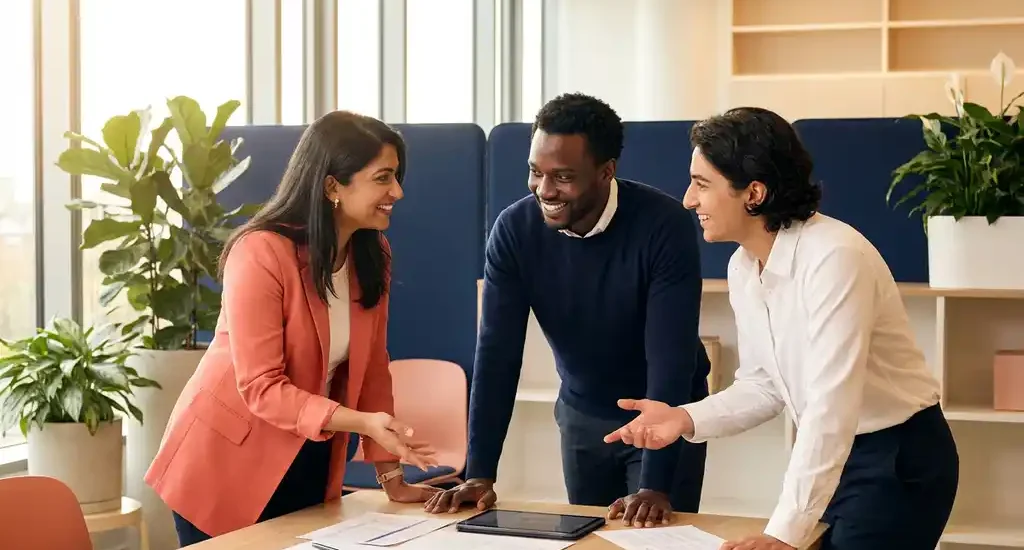 Drie diverse professionals overleggen samen rond een moderne werktafel met documenten in een lichte kantooromgeving.