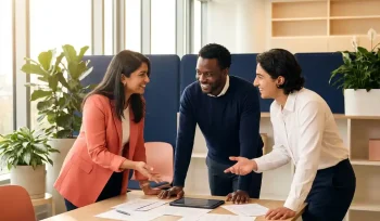 Drie diverse professionals overleggen samen rond een moderne werktafel met documenten in een lichte kantooromgeving.