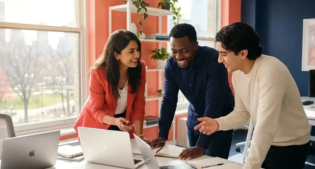 Drie diverse professionals werken samen aan een lichte moderne werkplek met laptops en notitieboeken, warm natuurlijk licht.