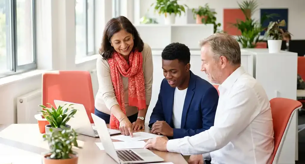 Drie diverse collega's bespreken documenten aan een modern bureau in een licht kantoor met grote ramen.