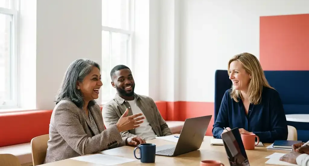 Drie diverse professionals in gesprek aan een moderne werktafel in een lichte kantoorruimte met natuurlijk daglicht.