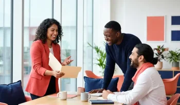 Drie diverse professionals in gesprek rond een moderne werkruimte, met open lichaamstaal en een document in koraal- en marineblauw interieur.
