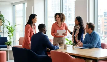 Diverse team of professionals collaborating in a bright modern office, reviewing documents with supportive gestures in warm natural light.