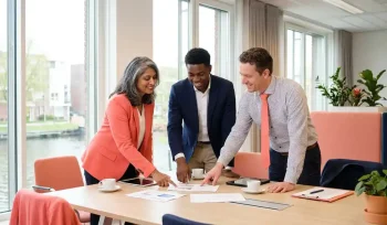 Drie diverse professionals overleggen samen aan een vergadertafel in een modern Nederlands kantoor, documenten bespreken in warm natuurlijk daglicht.
