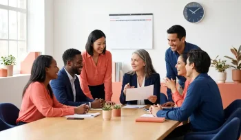 Diverse professionals collaborating around a bright office workspace, reviewing documents near an open calendar, in warm coral-red and navy tones.