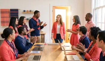 Diverse professionals in a bright workspace encouraging a colleague stepping through an open doorway filled with warm golden light.