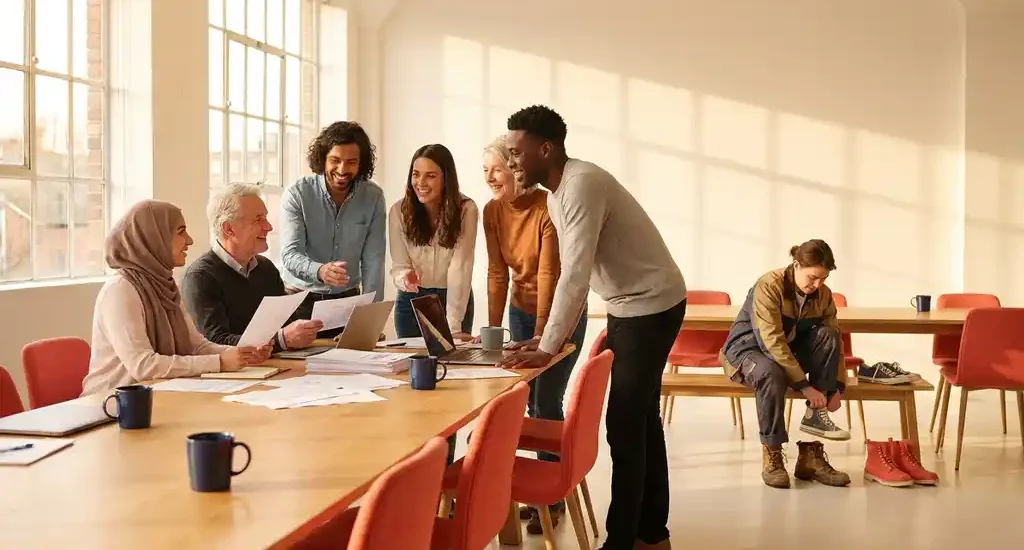 Diverse group of colleagues collaborating around a communal table in a sunlit modern workspace, reviewing documents together.