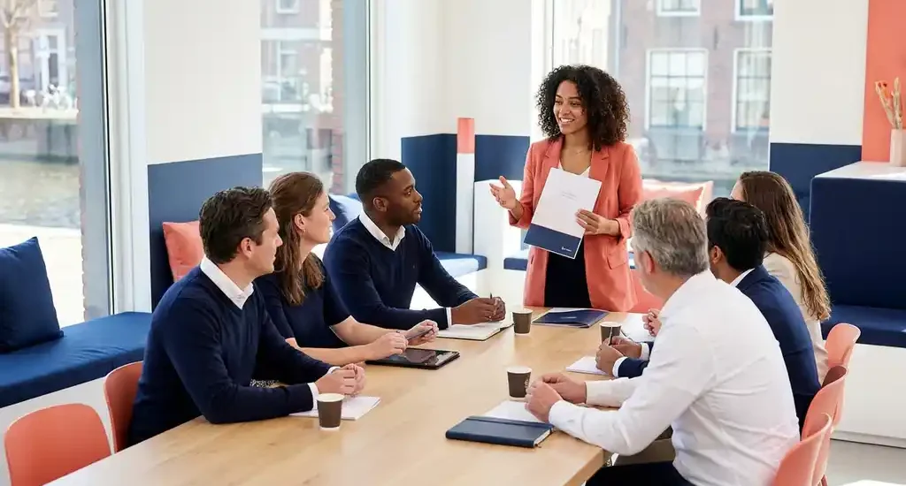 Diverse colleagues collaborating around a bright office table, one person presenting documents in a modern Dutch workspace with coral and navy tones.