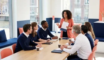 Diverse colleagues collaborating around a bright office table, one person presenting documents in a modern Dutch workspace with coral and navy tones.