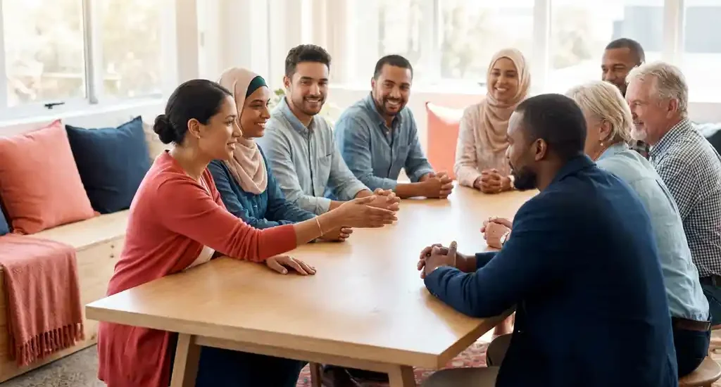Diverse group of colleagues in calm discussion around a sunlit table, one person gesturing collaboratively in a modern, airy workspace.