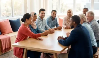 Diverse group of colleagues in calm discussion around a sunlit table, one person gesturing collaboratively in a modern, airy workspace.