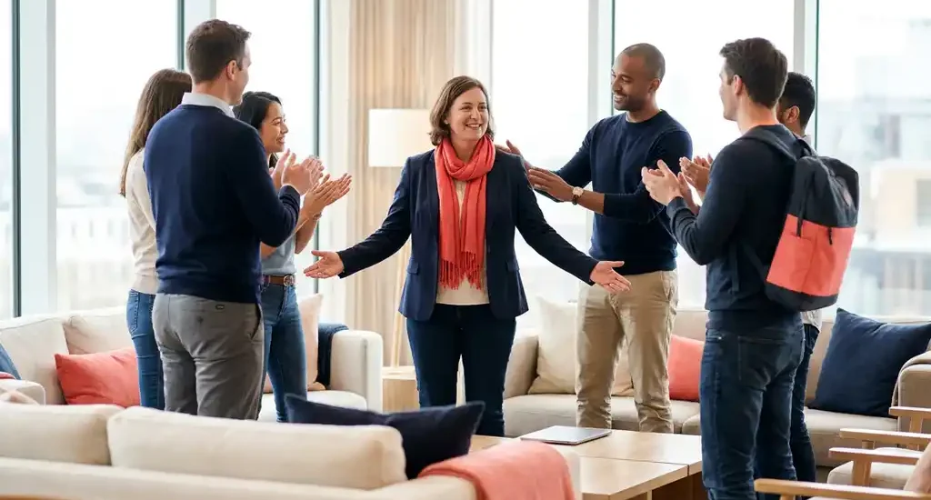 Diverse group of colleagues in a bright modern workspace offering warm encouragement to a confident coworker with open posture.
