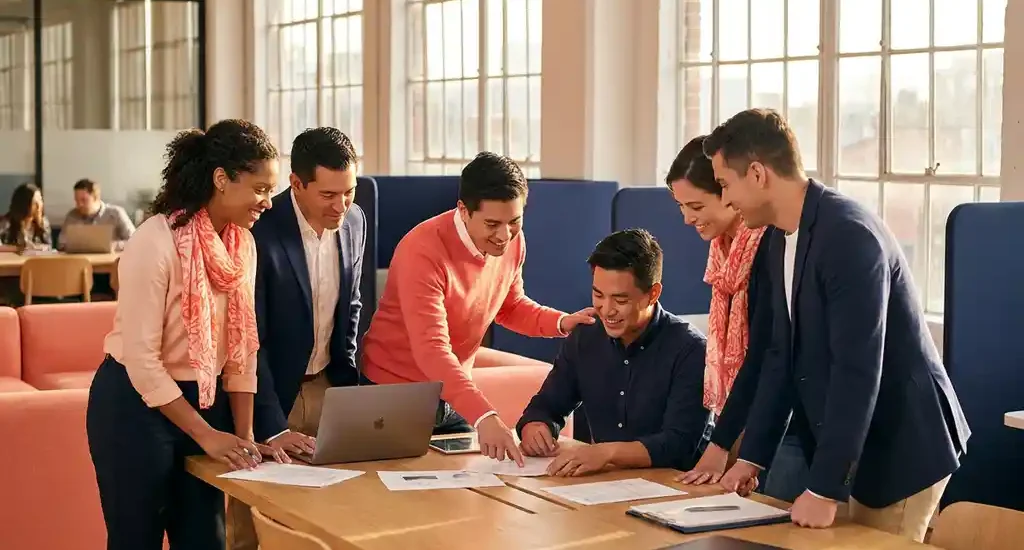 Diverse group of colleagues collaborating at a shared table in a sunlit modern workspace, one person offering supportive guidance over documents.