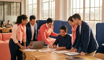 Diverse group of colleagues collaborating at a shared table in a sunlit modern workspace, one person offering supportive guidance over documents.