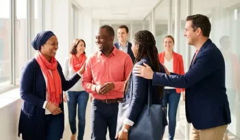 Diverse colleagues walking together through a sunlit modern office corridor, smiling and mid-conversation in coral and navy attire.