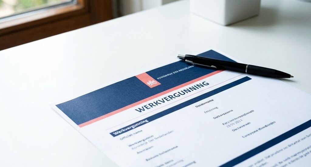 Dutch work permit document with coral and navy accents on white desk, black pen placed diagonally across corner