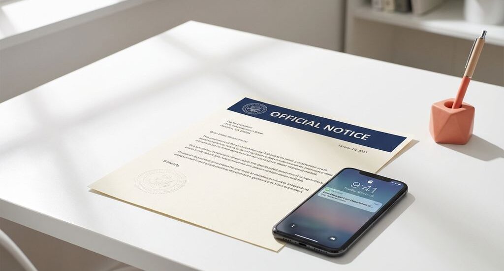 Official government document on modern desk with smartphone displaying notification, coral pen accent, clean minimalist office