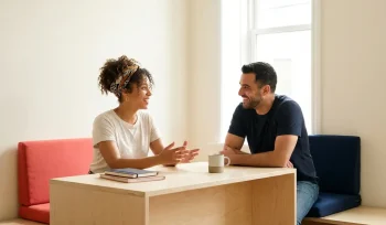 Twee mensen van verschillende culturele achtergronden in gesprek aan een minimalistische bureau, omgeven door zacht natuurlijk licht.