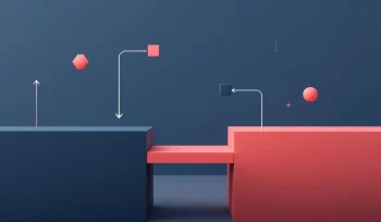 Koraalkleurige brug verbindt donkerblauwe werkplek met nieuwe kansen, omringd door geometrische vormen en pijlen