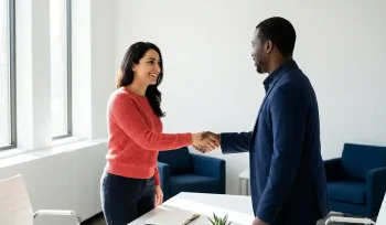 Vrouw in warme kleding geeft hand aan professionele coach aan minimalistisch bureau in licht kantoor met plant en notitieboek.