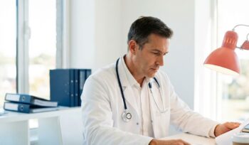 Professional occupational physician in white coat reviewing medical documents at modern desk with stethoscope and folders