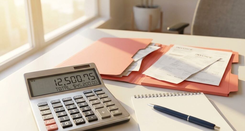 Calculator displaying financial figures on modern office desk with invoices in coral folders and navy pen on notepad