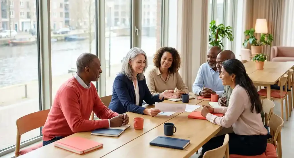 Diverse professionals over 50 collaborating in a bright Dutch office, reviewing documents together in warm natural daylight.